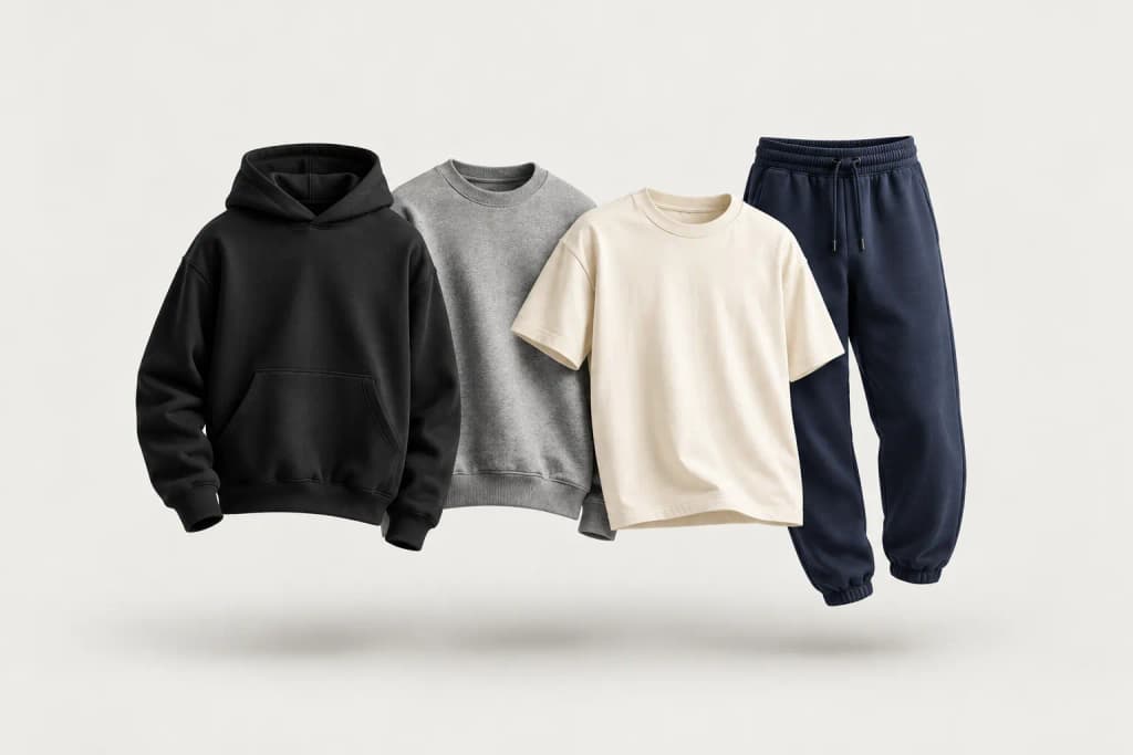 Black hoodie, grey sweatshirt, cream t-shirt and navy joggers arranged together