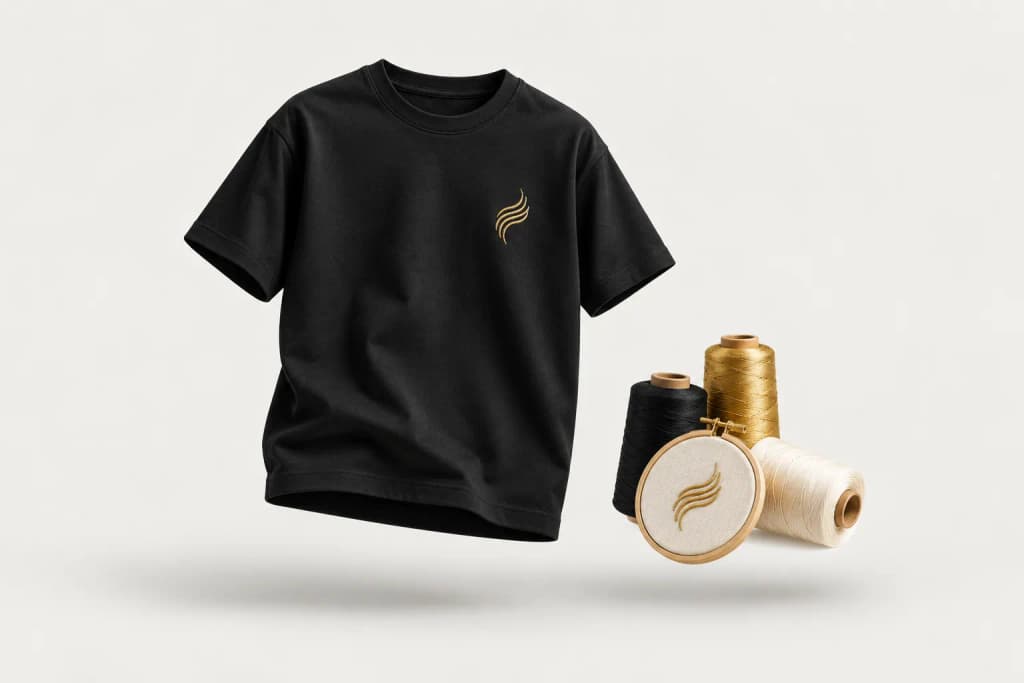 Black t-shirt with a gold embroidered emblem beside thread spools