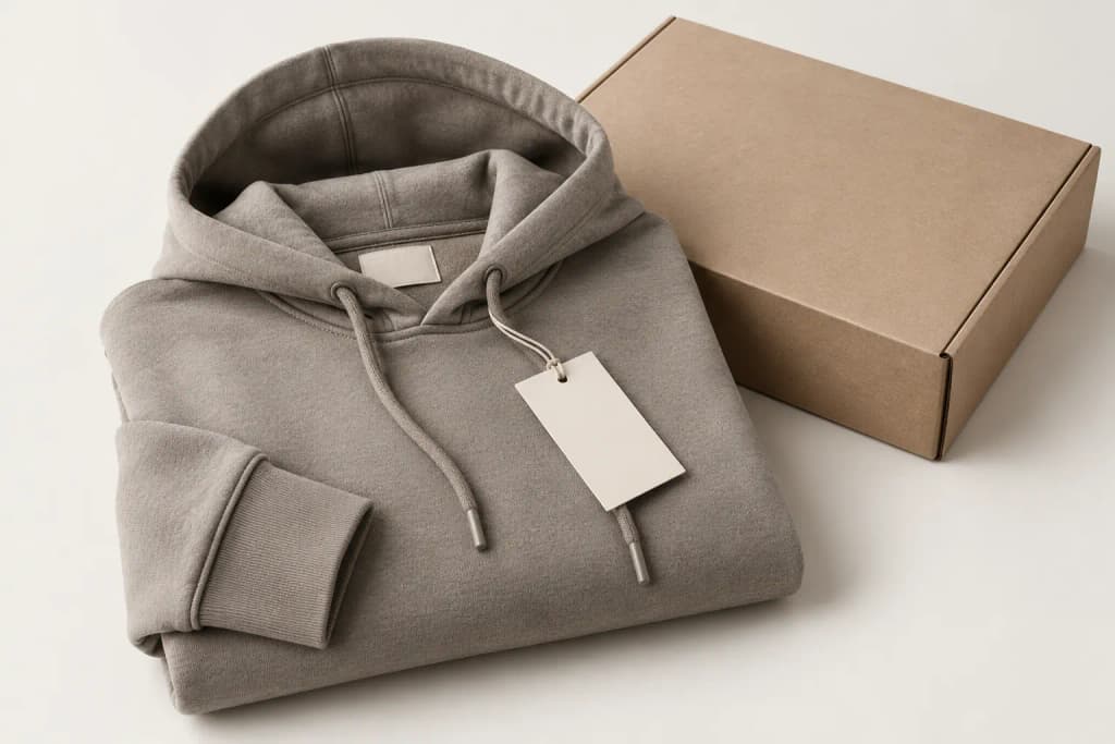 Folded hoodie with blank woven neck label, hang tag and kraft packaging box