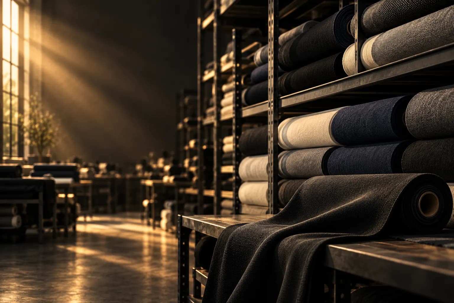 Fabric rolls in black, grey, cream and navy stacked on warehouse shelves