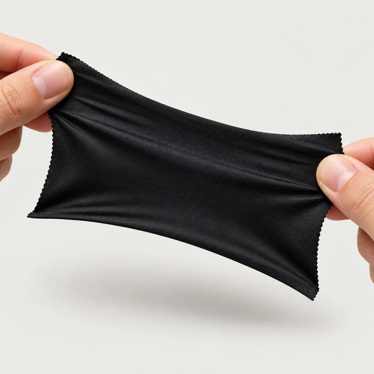 Black lycra spandex swatch stretched between two hands