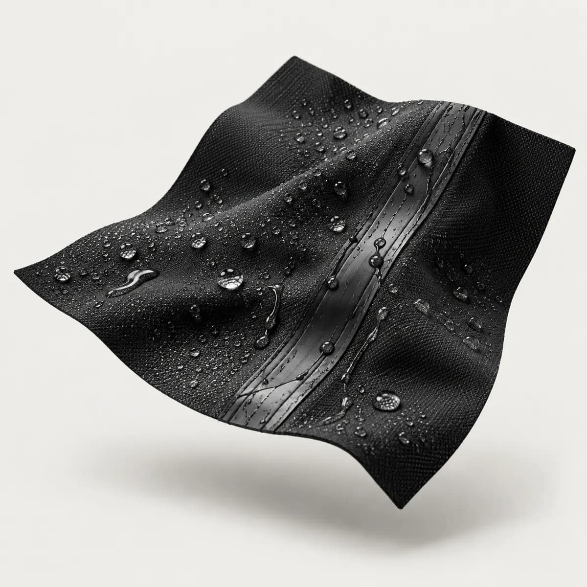 Black waterproof technical fabric with water droplets and a taped seam