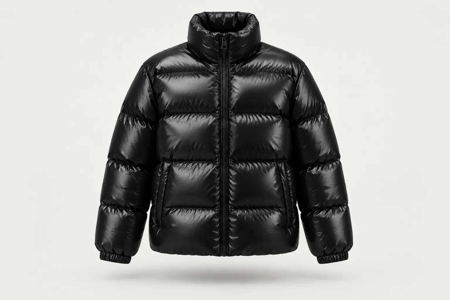 Glossy black quilted puffer jacket with a high collar