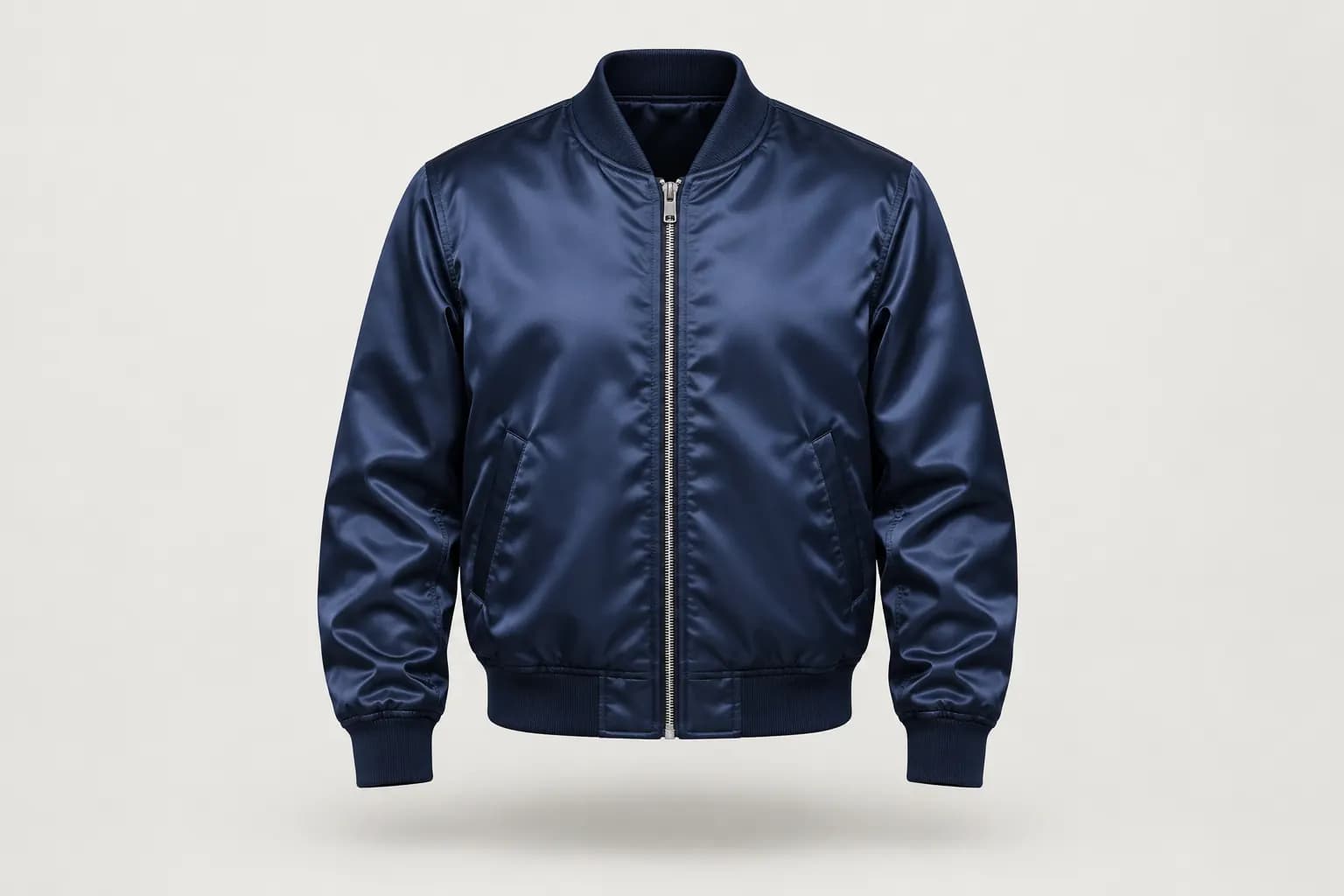 Navy satin bomber jacket with ribbed collar and cuffs