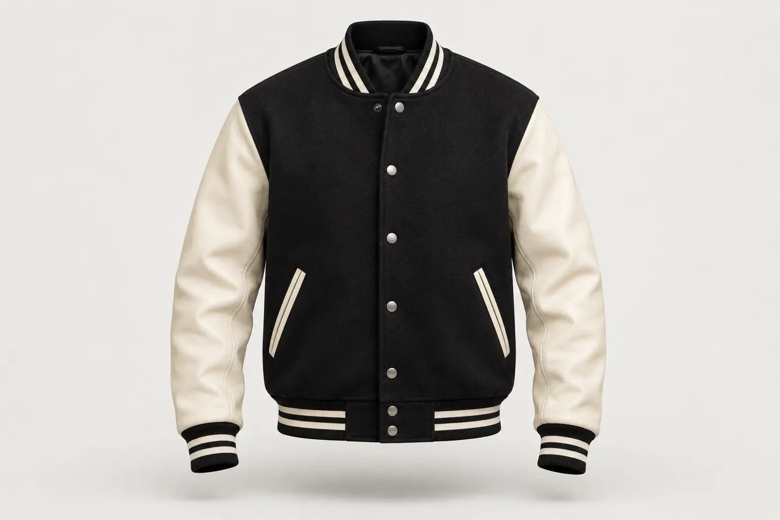 Varsity jacket with black wool body, cream leather sleeves and snap buttons