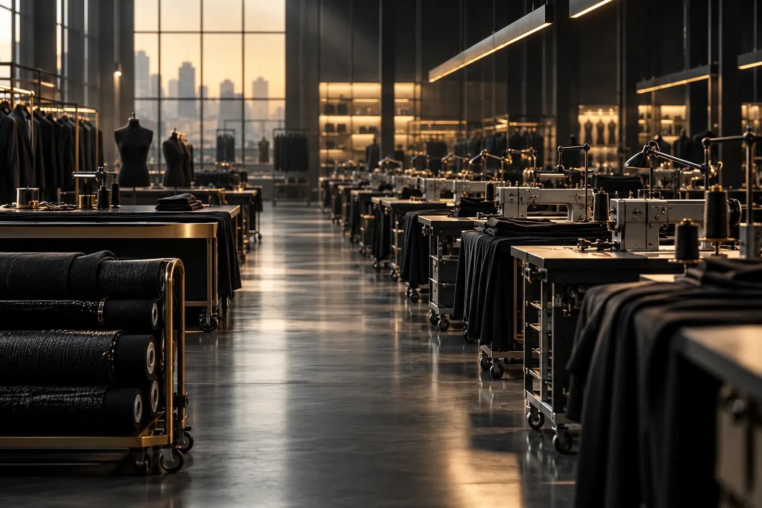 Organised apparel production floor with rows of sewing stations and fabric rolls