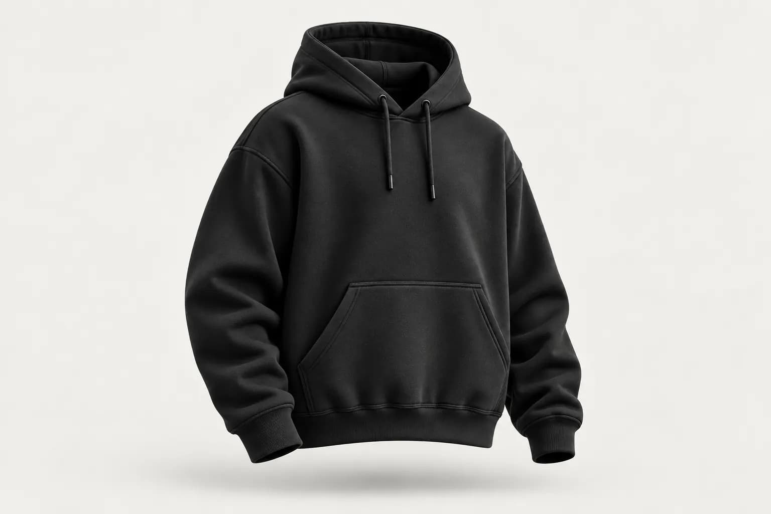 Black heavyweight pullover hoodie with drawstrings and kangaroo pocket