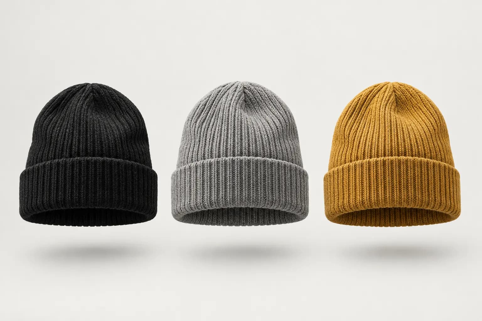 Black, grey and mustard ribbed beanies with folded cuffs