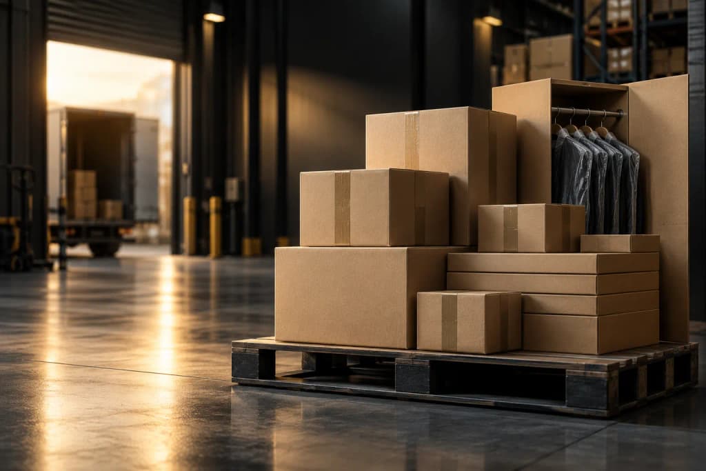 Packed kraft parcels and garment cartons on a pallet ready for courier dispatch